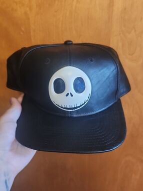 Black Faux Leather Snapback Hat with Jack Skellington Face